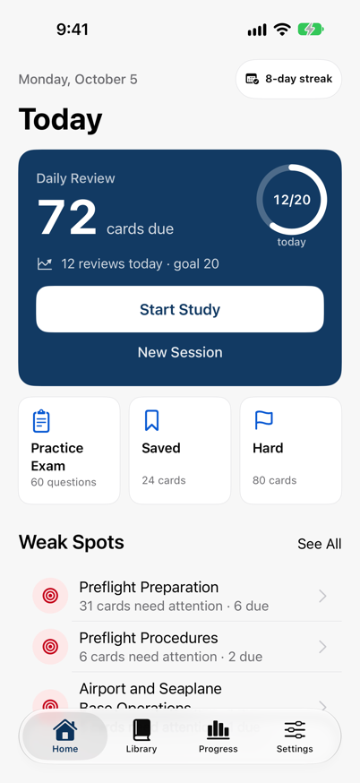 Populated PPL Quiz Cards home screen showing study progress, due cards, and practice exam access
