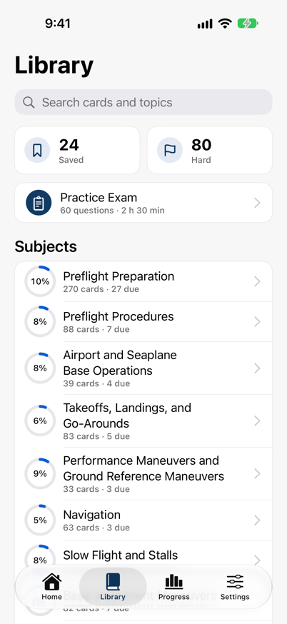 PPL Quiz Cards library showing the organized Private Pilot study collection