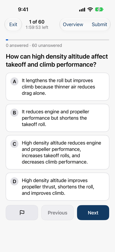 PPL Quiz Cards timed Practice Exam question with four answer choices