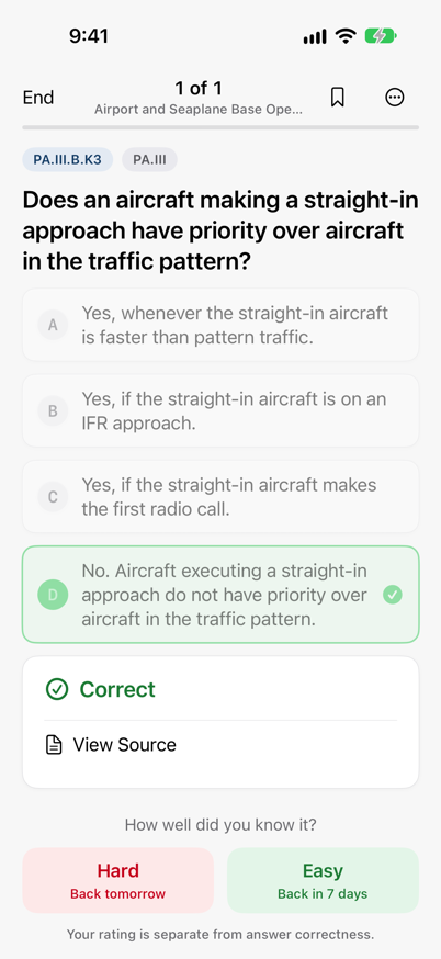 PPL Quiz Cards study screen with a correct Four Choice answer and explanation